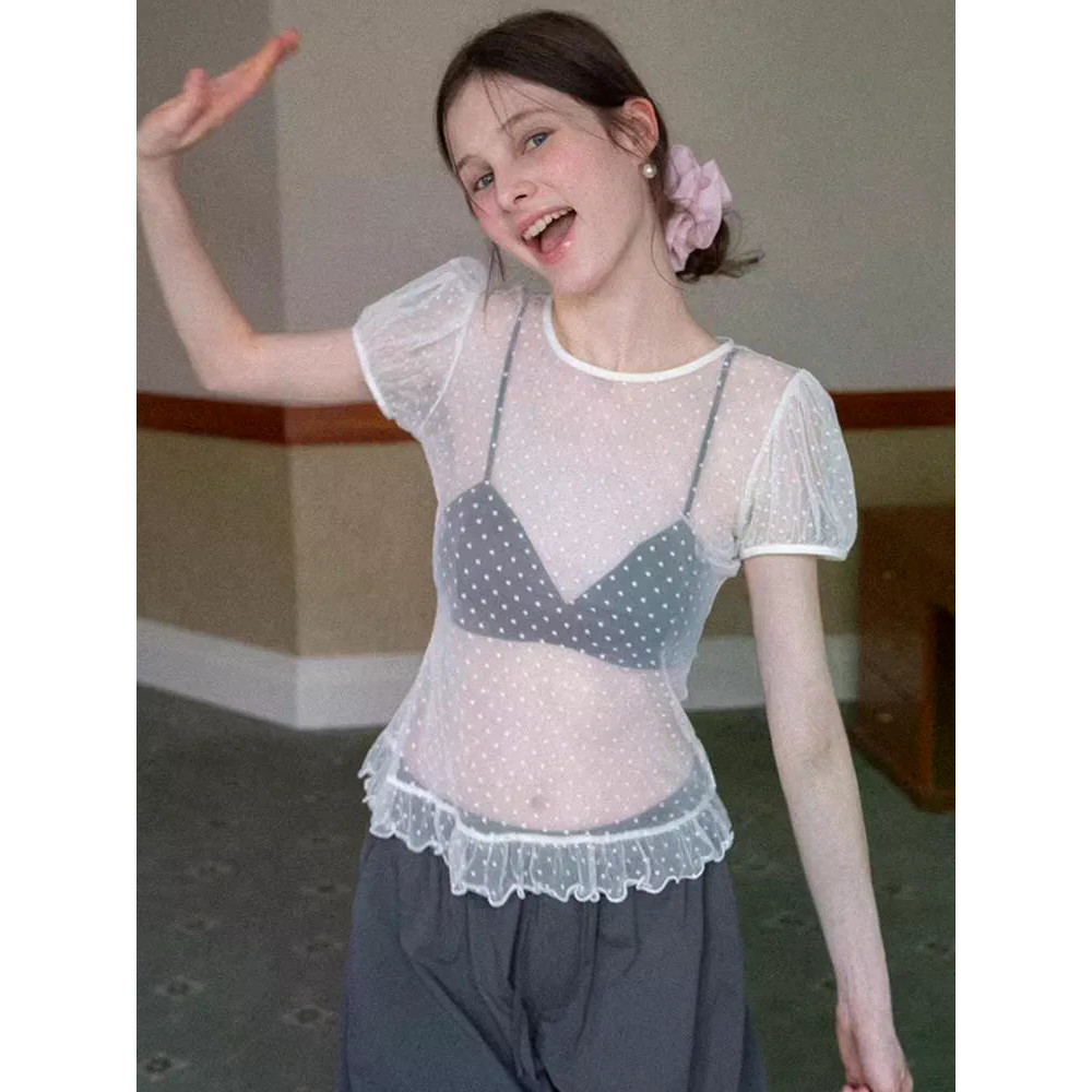 เสื้อยืดคอกลมซีทรู Polka Dot Gauze Top