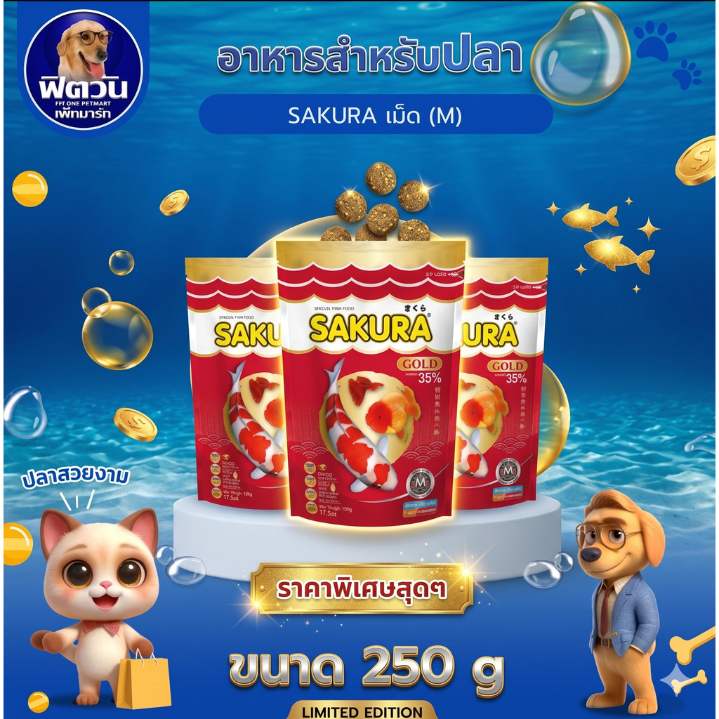 อาหารปลา SAKURA-อาหารปลาสวยงาม เม็ด-M 250 กรัม{อาหารปลา}