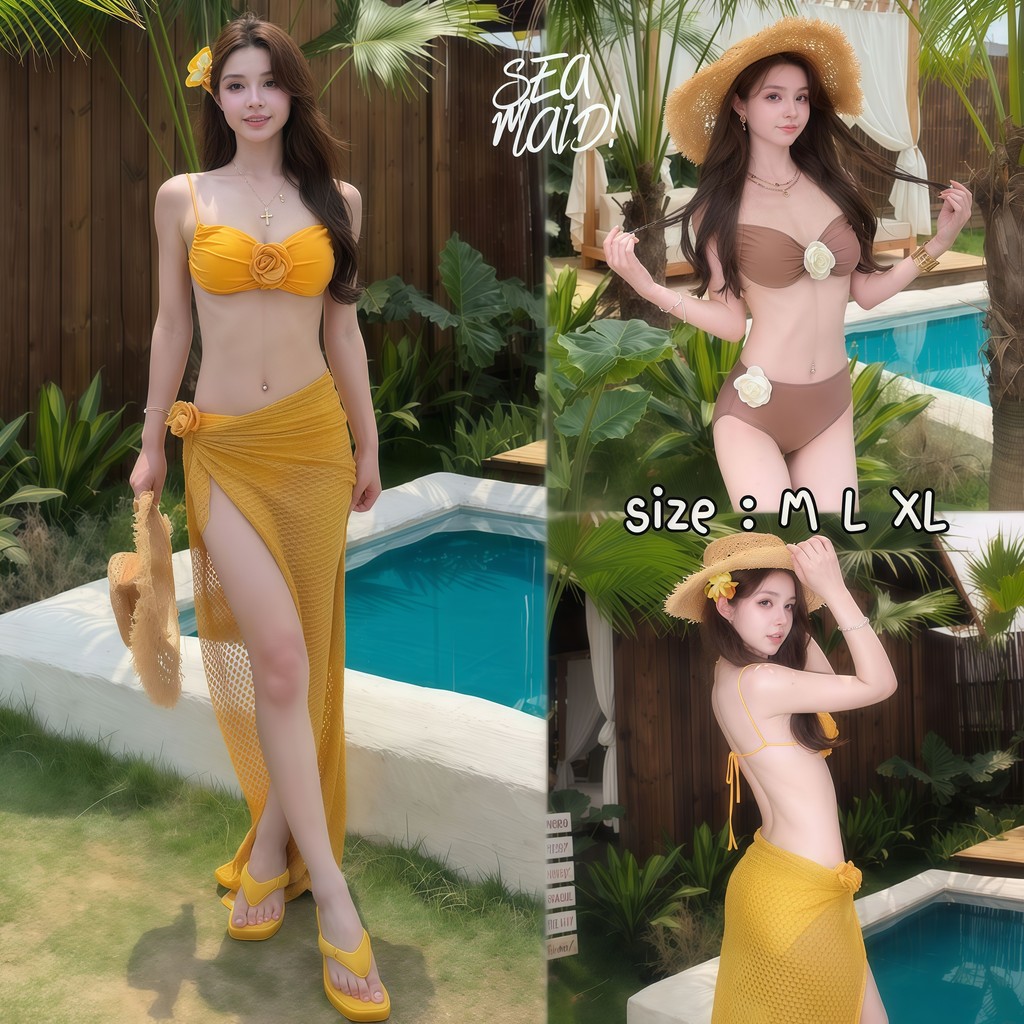 SEA MAID ชุดใส่ไปทะเล ชุดว่ายน้ำแฟชั่น กระโปรง บิกินี่ 3 ชิ้น โชว์หลังเซ็กซี่ 🥃 มีไซส์ M-XL | น้ำหนัก 40-65 กก. Y570