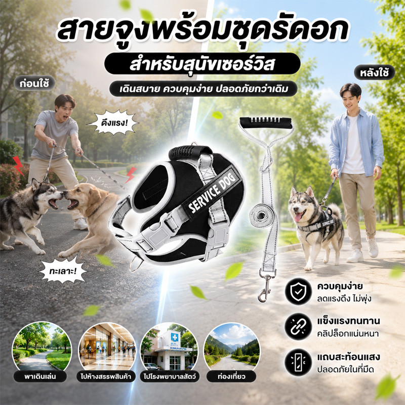 สายจูงสุนัข สายจูงสัตว์เลี้ยง เสื้อกั๊กสะท้อนแสง สามารถปรับได้ ป้องกันการหลุด เนื้อผ้าระบายอากาศ