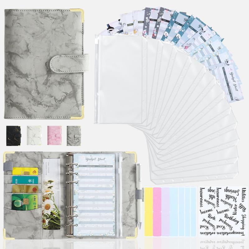 [สต๊อกพร้อมขายร้อน] พร้อมสต็อก A6 Binder Handbook Marbled Notebook Leather PU Cash Binder Notebook