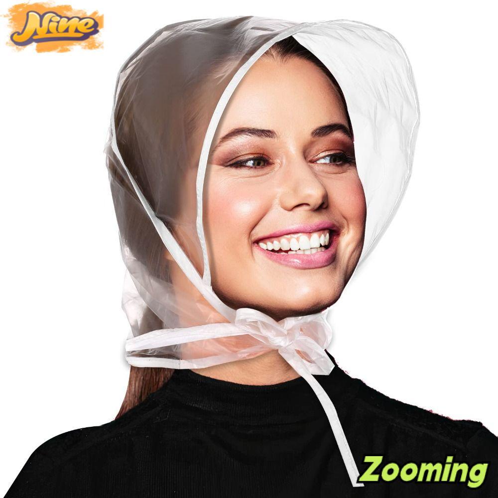 ZOOMING ฮู้ดป้องกันผม, ป้องกันทรงผมหมวกฝนพลาสติก, ผ้าพันคอฝนผูกสายกันน้ํา Rain Bonnet ผู้หญิง