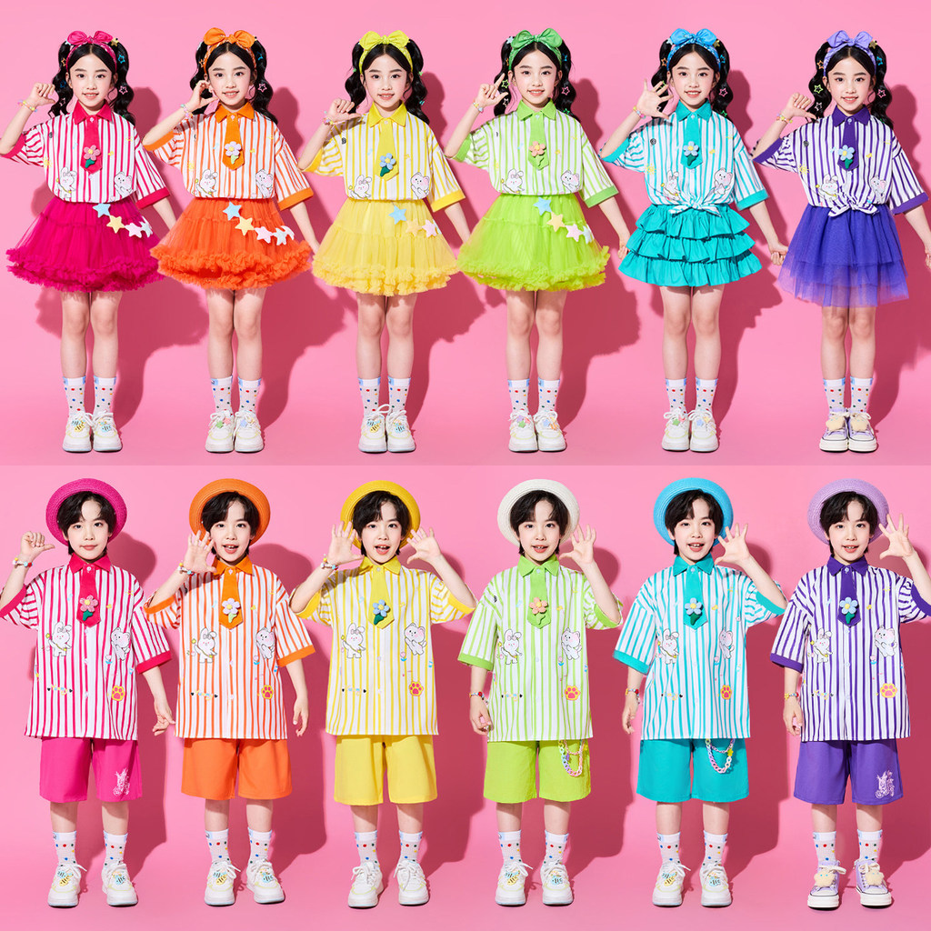 สีสันและเปล่งประกายเชียร์ลีดเดอร์เครื่องแบบสําหรับเด็กกลุ่มประสิทธิภาพอนุบาลเด็กเต้นรําประสิทธิภาพเครื่องแต่งกายยิงกิจกรรมจัดแต่งทรงผมเสื้อผ้ากระโปรงผ้ากอซพอง