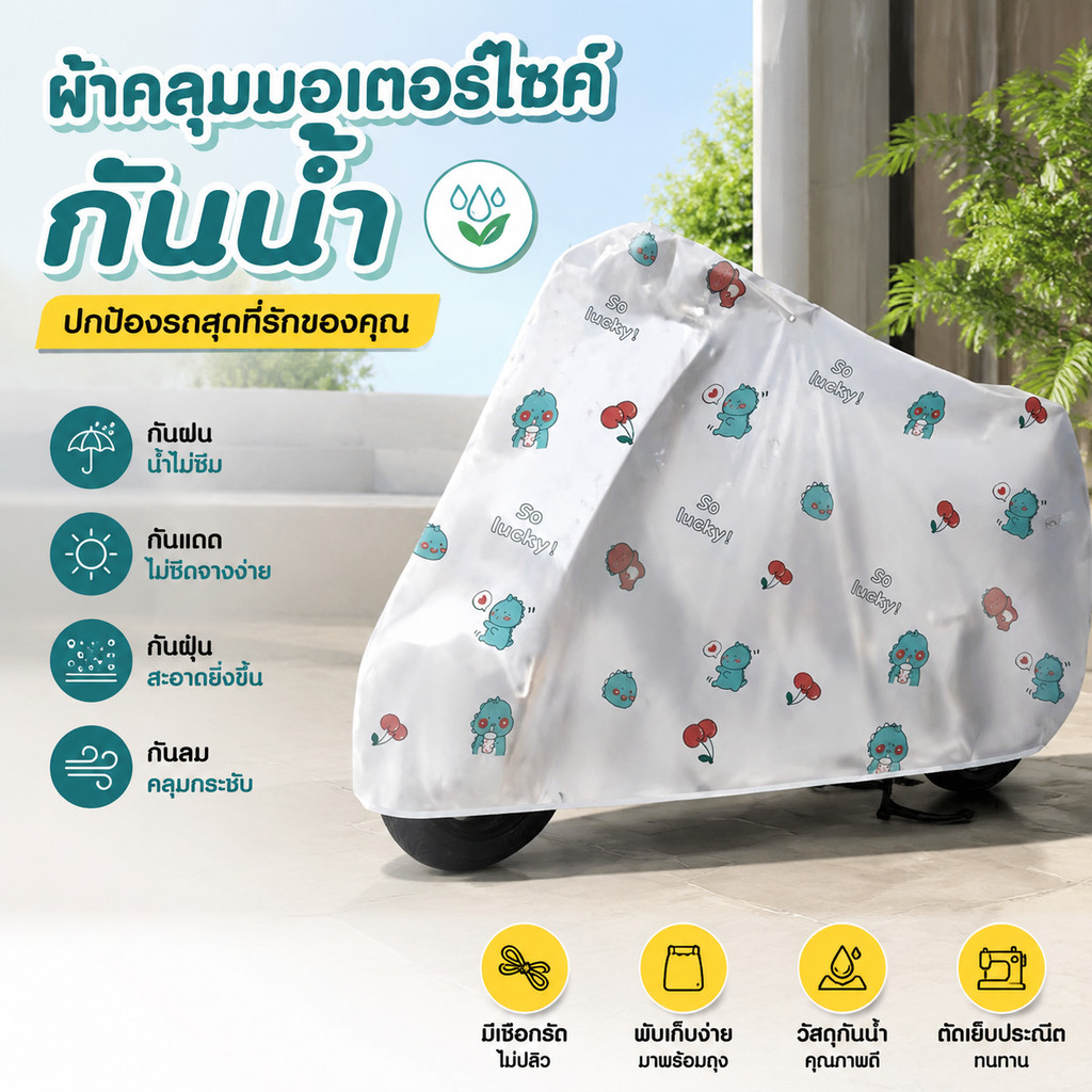 ผ้าคลุมมอไซค์ลายน่ารัก กันน้ำ กันฝุ่น กันรังสีUV ช่วยยืดอายุรถ วัสดุทนทาน ใช้ได้ทุกรุ่น พับเก็บสะดวก