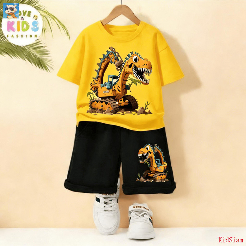 【KidSiam】เซ็ตชุดเด็ก เสื้อ+กางเกง สั้นเด็กชาย ลายไดโนเสาร์รูปรถขุดสีเหลือง สไตล์เท่ห์ๆ คุณภาพดี ใส่สบาย