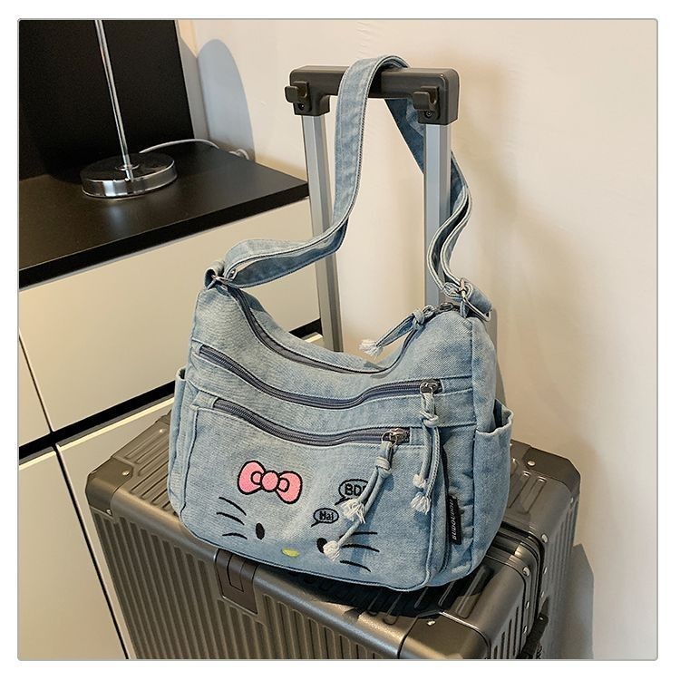 Fashion Retro Denim Bag kitty กระเป๋าสะพายความจุขนาดใหญ่กระเป๋า Messenger All-Match Casual Messenger