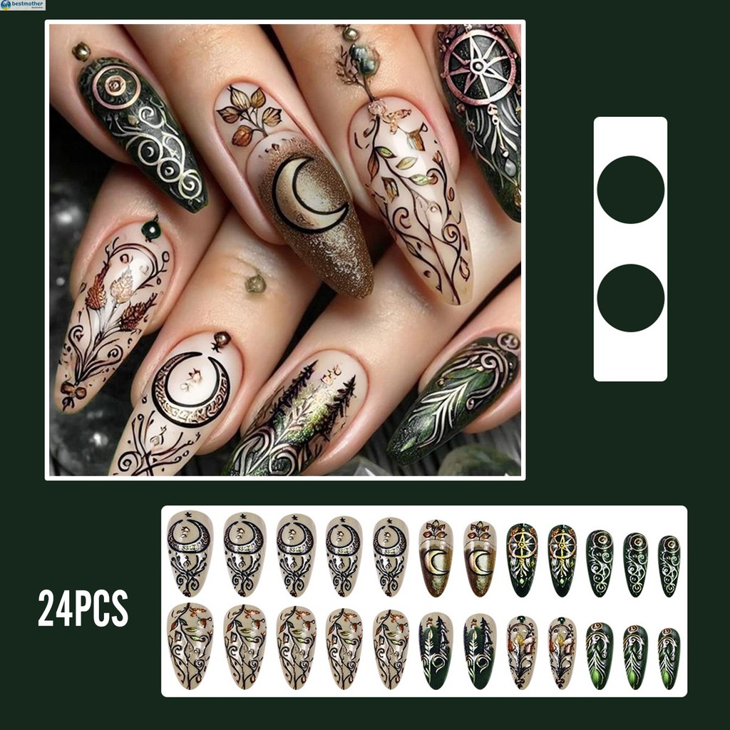 Mandala Style Nude Press on Nails Previling Natural Look Press-On Nail Set for Working Dating หรือปา