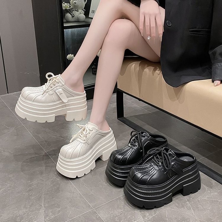 JINxCHOY รองเท้าแตะครึ่งข้อมือ Lace-Up ทรงแพลตฟอร์ม แฟชั่นฤดูร้อน