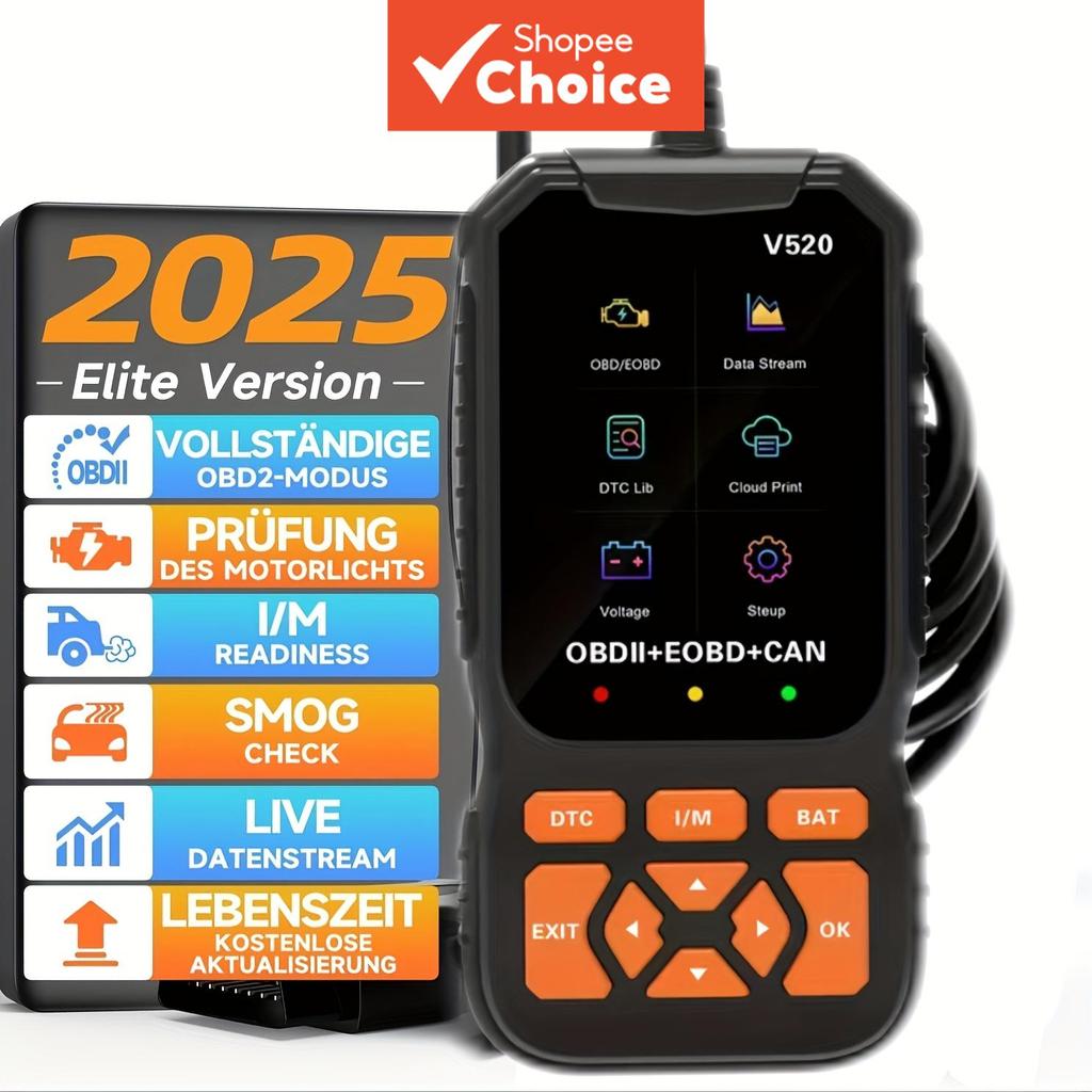เครื่องวิเคราะห์รถยนต์ OBD2 รุ่นใหม่ปี 2025 รองรับ 8 ภาษา, V520 ขายส่งตรงจากโรงงาน, อ่านและลบโค้ดปัญหาเครื่องยนต์และรีเซ็ตเครื่องมือได้, แข็งแรงทนทาน ใช้งานสะดวก