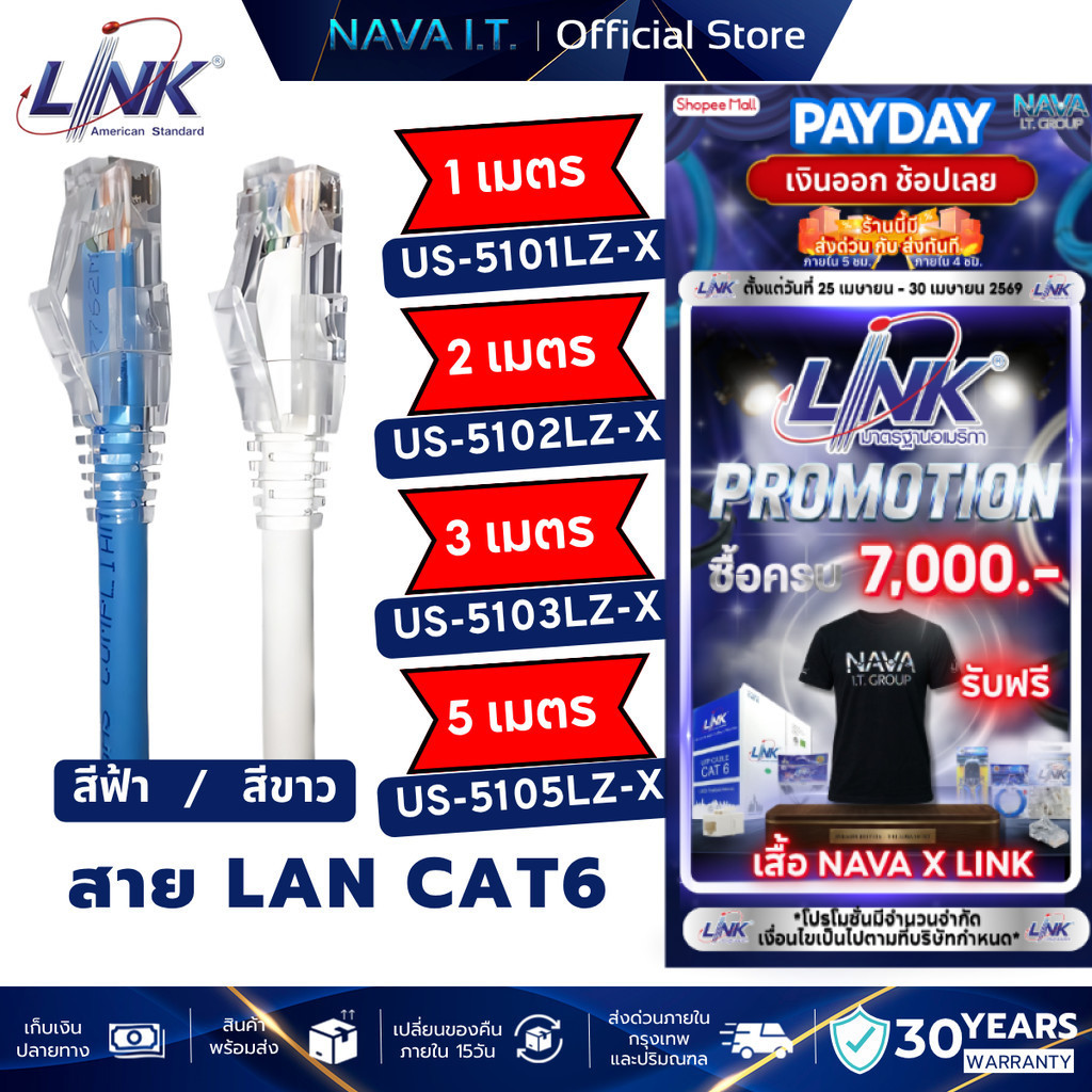 LINK US-5101LZ-X US-5102LZ-X US-5103LZ-X  สีขาว/สีฟ้า มีทุกขนาด CAT6 RJ45 PATCH CORD LSZH LAN CABLE สายแลนคุณภาพดี