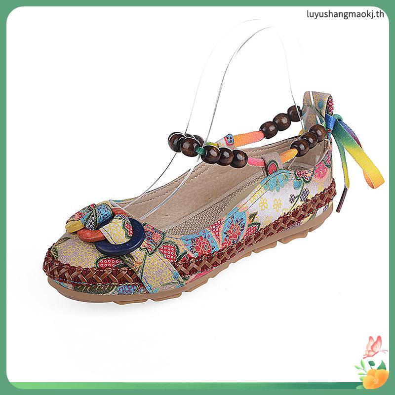 Sh9 ผู้หญิง Lace Up Beading รอบ Toe Flats รองเท้าไม่มีส้น