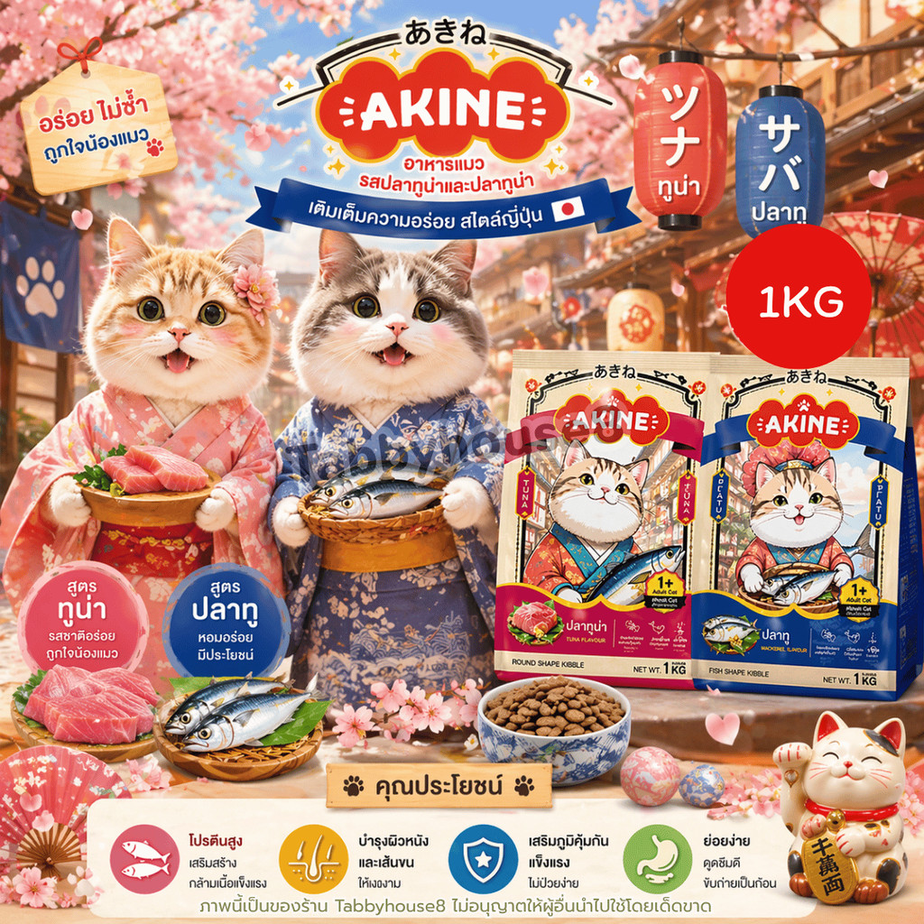 ( 1kg ) Akine อากิเนะ อาหารเม็ดแมว สูตรปลาทูและทูน่า ช่วยบำรุงขนสวย แมวทานยากทานได้ หอม มีโอเมก้า3 6