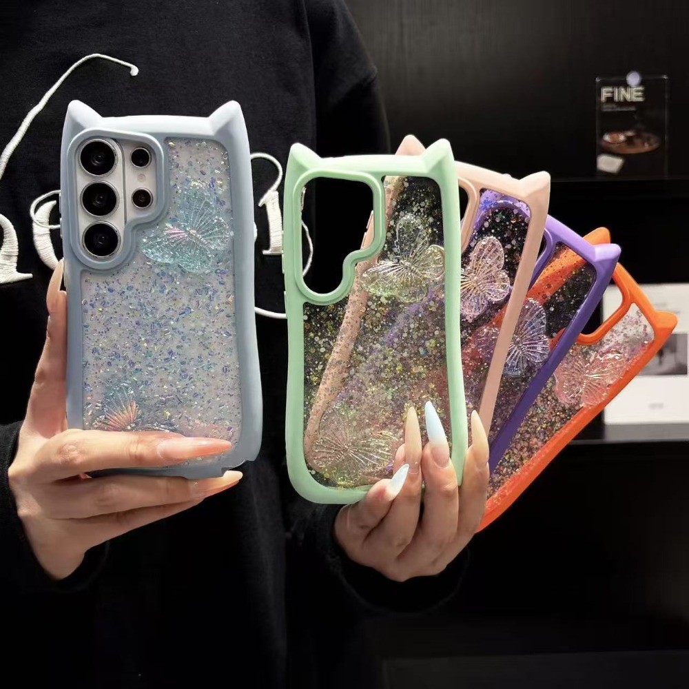หรูหรา Sparkle Powder 3D น่ารักการ์ตูนหูแมวผีเสื้อรูปแบบเคสโทรศัพท์สําหรับ Samsung Galaxy S26 S25 S24 S23 Ultra Plus ความโปร่งใสกันกระแทกปลอกอะคริลิค Hard PC ฝาหลัง