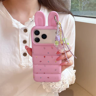 สําหรับ iPhone 17Pro Max 16 Pro Max 15 14 15Pro Max แฟชั่นเกาหลีสีม่วงสีชมพูลายดอกไม้ปกน่ารัก 3D กระต่ายหูลงเสื้อซิลิโคนกันกระแทกกรณี