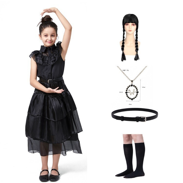 Adams Family cos เสื้อผ้ากระโปรงผ้ากอซ Wednesday Adams กระโปรงผ้ากอซสีดํา Adams คอสเพลย์เสื้อผ้า