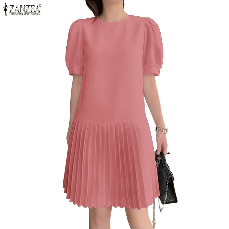 ชุดกระโปรง ZANZEA สำหรับผู้หญิง สไตล์เกาหลี ดูล้ำสมัย คอพัฟ แขนจีบ แบบเสื้อ A-Line