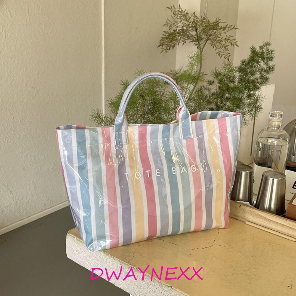 DWAYNEXX PVC Striped Tote Bag,กันน้ําลายถุงเยลลี่ใส,น่ารักพิมพ์ขนาดใหญ่ความจุToteกระเป๋าพิมพ์ตัวอักษรกระเป๋าถือฟิตเนสกระเป๋า