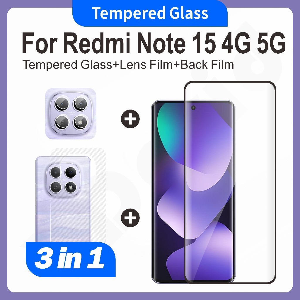 (3-in-1) เหมาะสําหรับ Redmi Note 15 4G 5G 3D โค้งความละเอียดสูงปกป้องหน้าจอกระจกนิรภัยป้องกันหน้าจอ+กล้องTPUฟิล์มนุ่ม+ฟิล์มฝาหลังคาร์บอนไฟเบอร์