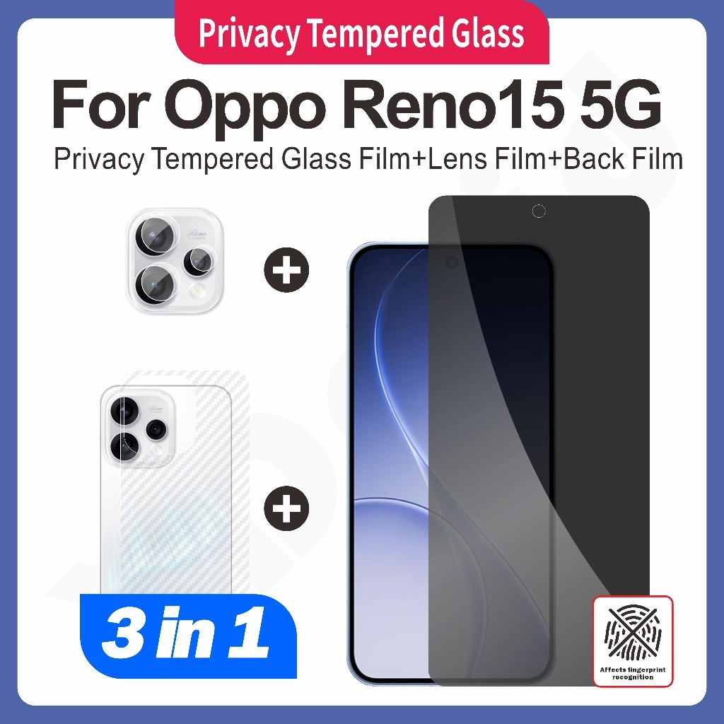 ชุดป้องกันหน้าจอ 3-In-1 สําหรับ Oppo Reno15 5G : กระจกนิรภัยความละเอียดสูงฝ้าความเป็นส่วนตัวเซรามิคฟิล์มนุ่ม + ฟิล์มนุ่มป้องกันเลนส์ + ฟิล์มหลังคาร์บอนไฟเบอร์