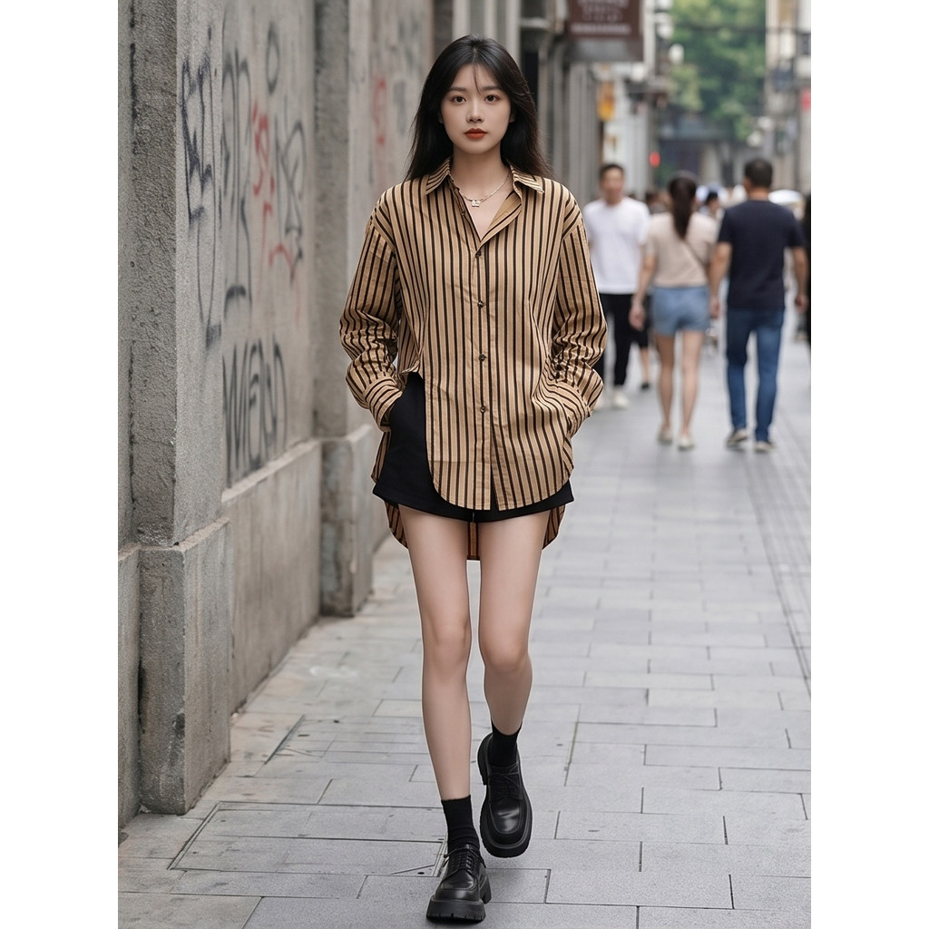 เชิ้ตคอปกสีน้ำตาลลายทาง💕 PKB2057 ลุค Working Woman ที่ไม่น่าเบื่อ! เพิ่มกิมมิคเว้าข้างสุดเก๋ ทรงสวยใ