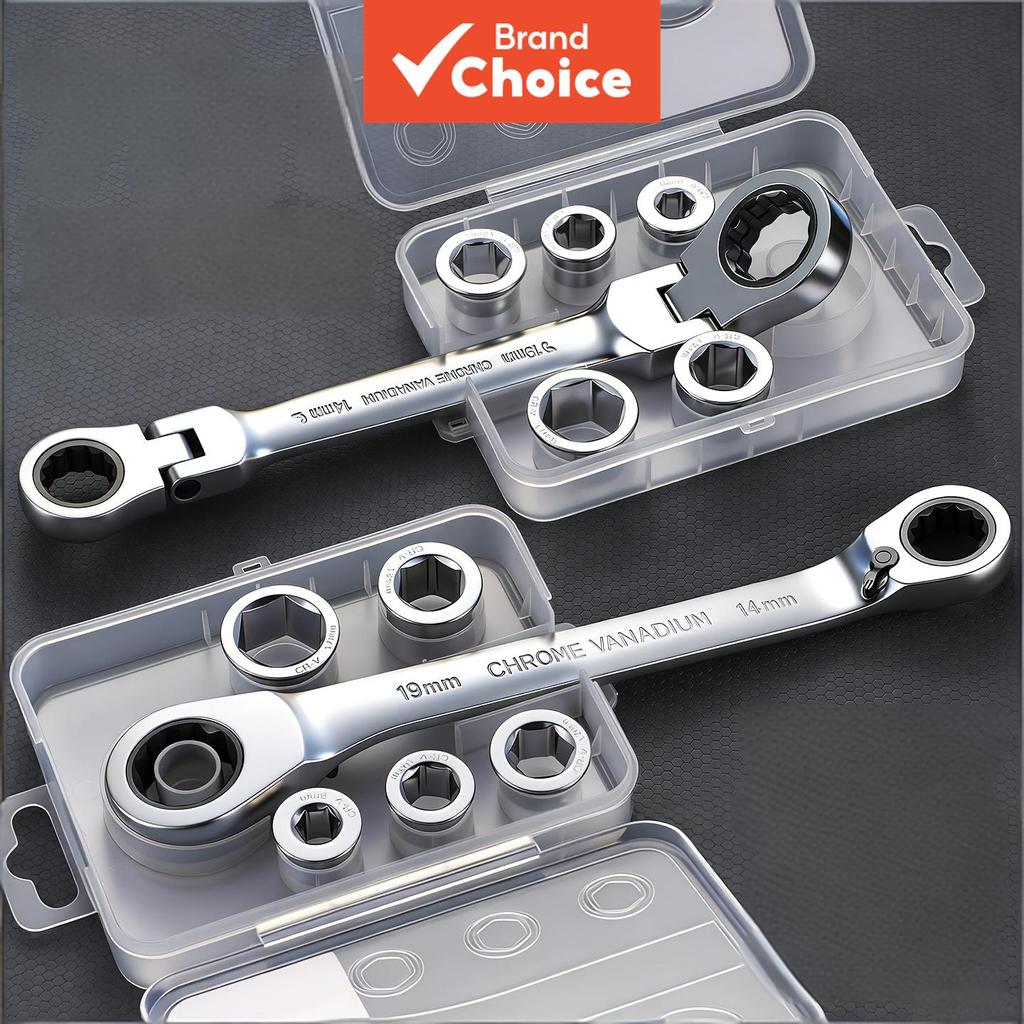 One ชุด 7 In 1 Double Head Ratchet ประแจ CR-V เหล็กที่ถอดออกได้ยืดหยุ่นแรงบิดเปลี่ยน Spanner ชุดผสม