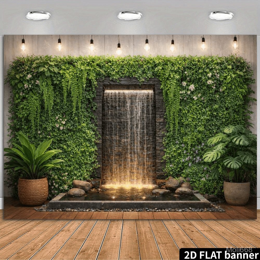2D Flat Stone Wall Water Curtain Green Plant Background Cloth, Ferns, Monstera, Small White Flowers,