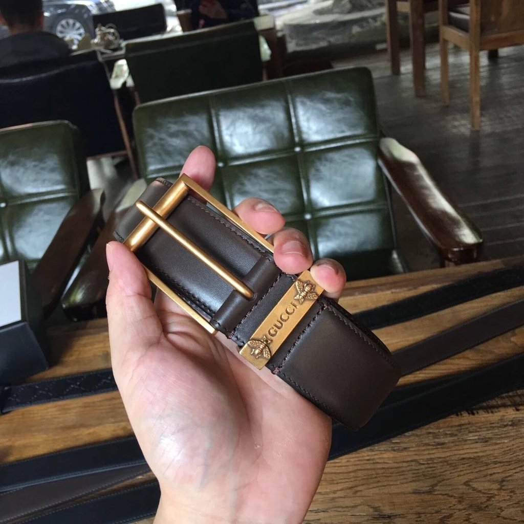 Gucci Gucci Mens Cowhide Belt Bee Ring Look ที่รายละเอียดด้วยตัวเอง 3.8CM บรรจุภัณฑ์ดั้งเดิม