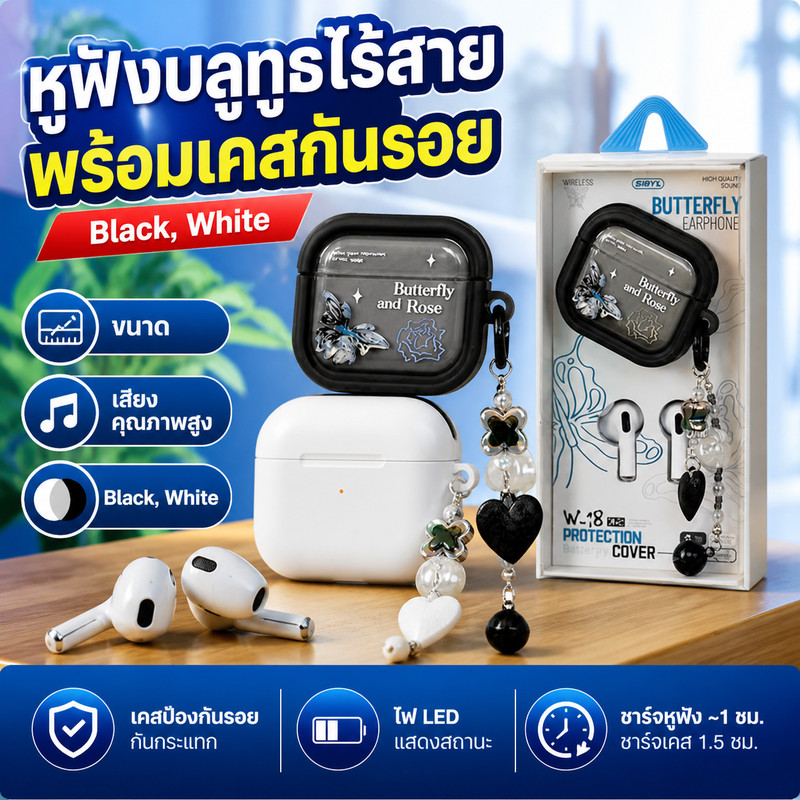 Sibyl หูฟังบลูทูธไร้สาย พร้อมเคสเก็บและป้องกันรอยสำหรับกล่องชาร์จ (ABS) ไฟ LED แสดงสถานะ ชาร์จหูฟัง 