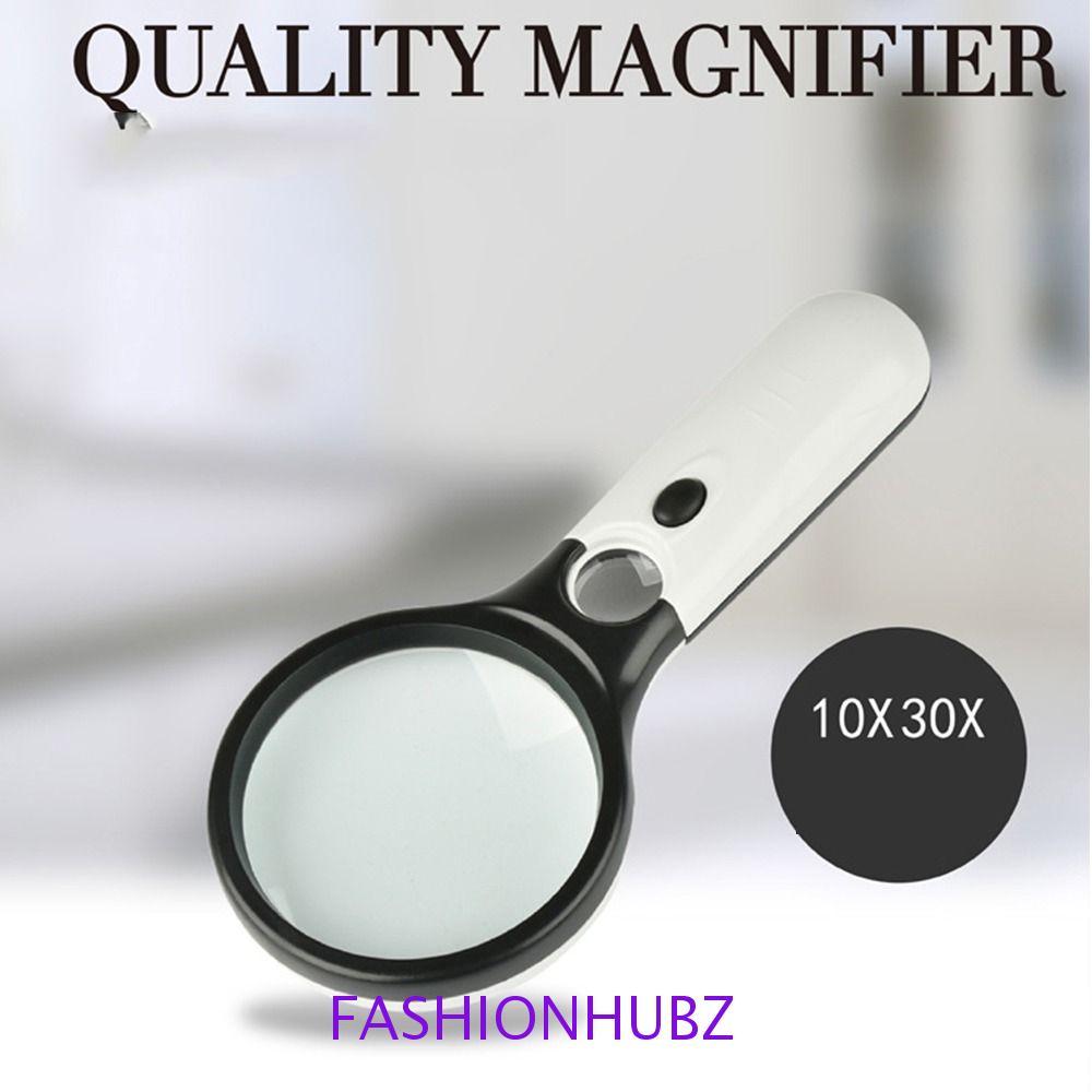 FASHIONHUBZ แว่นขยายมือถือ, ไฟ LED Loupe แว่นขยาย, กระเป๋า 30X เลนส์ 10X เครื่องประดับ