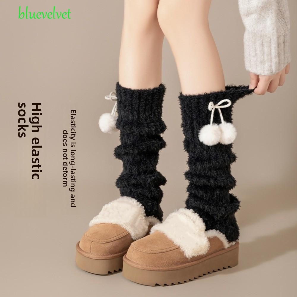 BLUEVELVET Furry ขาอุ่น, 42 ซม.สไตล์ญี่ปุ่น Lolita รองเท้า, แฟชั่นหวาน Cherry Plush Ball จี้หนาเข่าส