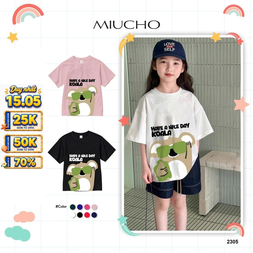 เสื้อยืดทรงหลวมพิมพ์ลายน่ารักสําหรับเด็ก AED2305 Miucho Kid ผ้าคอตตอนเนื้อนุ่ม โปร่งสบาย