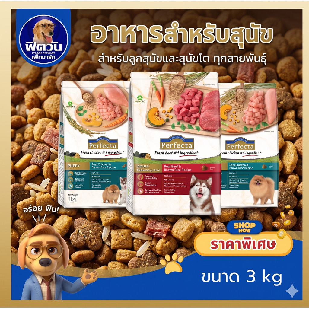 Perfecta Chicken&Brown อาหารเม็ดสำหรับสุนัขโตพันธุ์กลาง-ใหญ่ สูตรเนื้อไก่และข้าวกล้อง ขนาด 3 กิโลกรัม{อาหารสุนัขเม็ด}