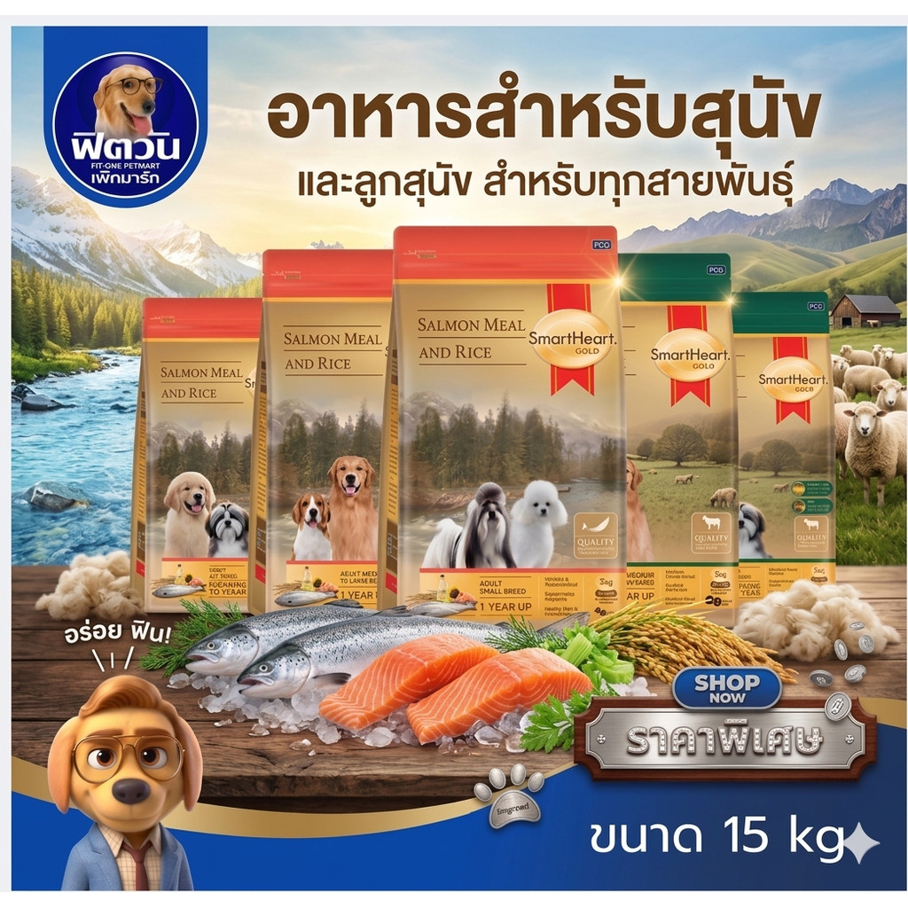 SmartHeart GOLD อาหารสุนัข สูตรแกะและข้าว + สูตรแซลมอนและข้าว ขนาด 15 กก. น้องแพ้สัตว์ปีกทานได้ {อาหารสุนัขเม็ด}