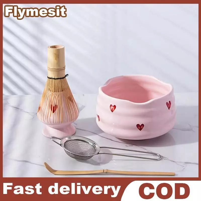 Flymesit 2/4/5 ชิ้น Heart Decal ชุดมัทฉะเซรามิก, ชุดมัทฉะน่ารักประกอบด้วยชามมัทฉะ, ที่ปัดมัทฉะและที่วาง, ตักไม้ไผ่, ตะแกรง EN