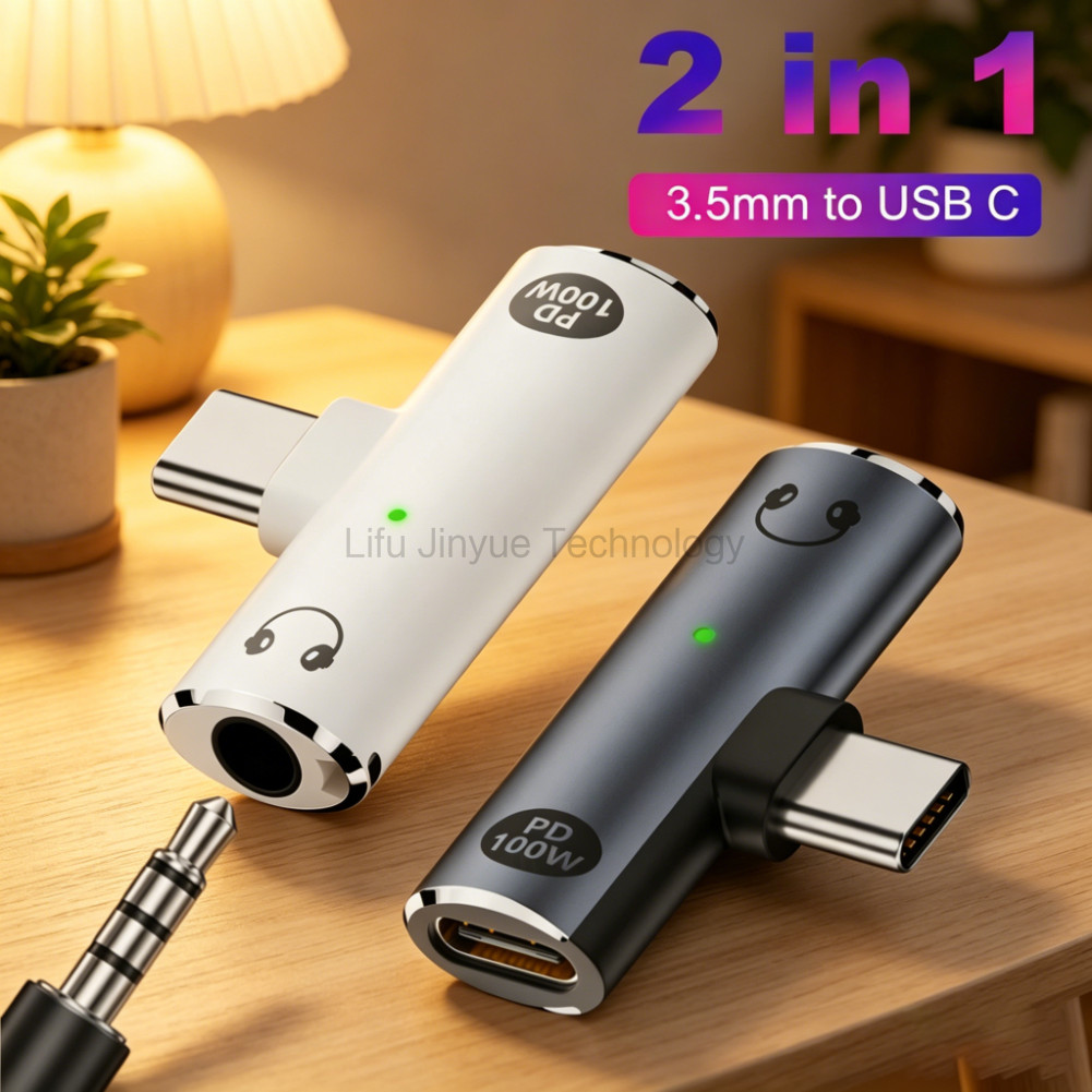 LIKAIYUE Type-C ถึง 3.5 มม.+PD/QC อะแดปเตอร์ส่งข้อมูลความเร็วสูงอลูมิเนียม Fast 100W สายสัญญาณเสียงช