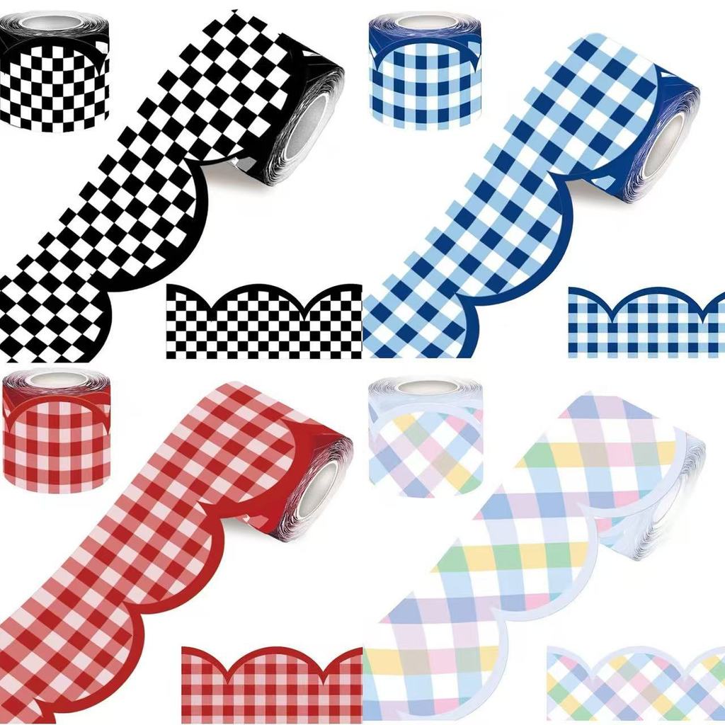 10M Gingham Scalloped Washi เทปกาวในตัวสติกเกอร์ชายแดนสําหรับ DIY Craft Classroom Decor