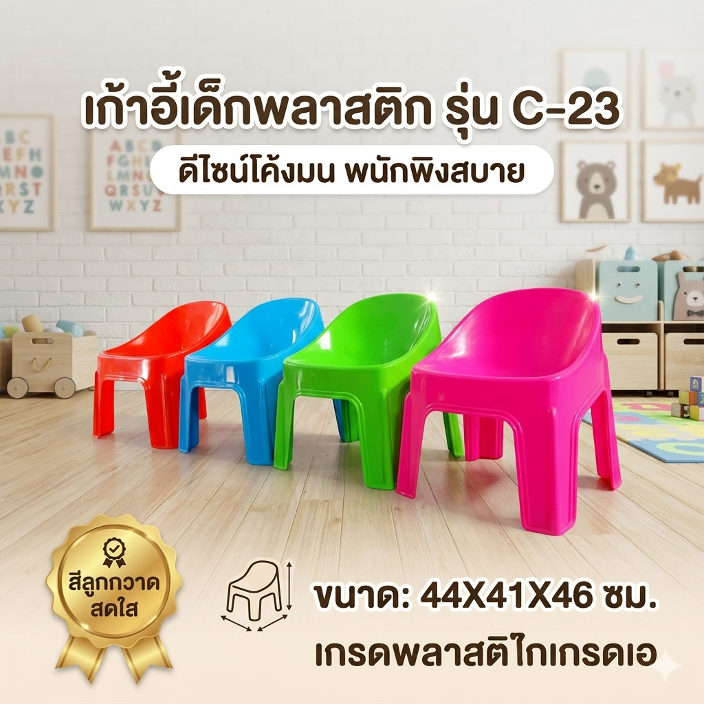 เก้าอี้เด็กพลาสติก มีพนักผิง สีลูกกวาด ขนาด 44X41X46CM.  รุ่นC-23 (1ตัว)