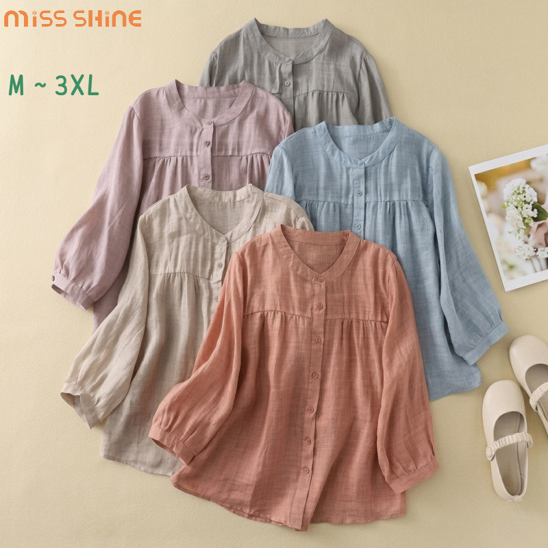 Missshine [คลังสินค้าพร้อม] เสื้อเชิ้ตผ้าฝ้ายลินินขนาดบวกผู้หญิง Retro ชาติพันธุ์เย็บปักถักร้อย Selesa Sejuk Top 7098