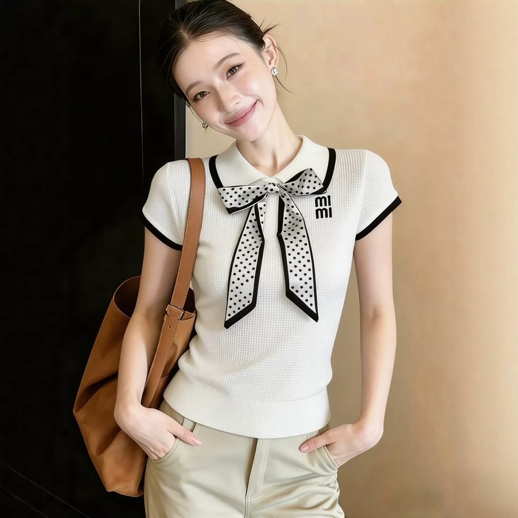 เสื้อยืดแขนสั้นผู้หญิงสีขาว ลายจุดโบว์และสไตล์กระโหลก ทำจากไหม สำหรับฤดูร้อน