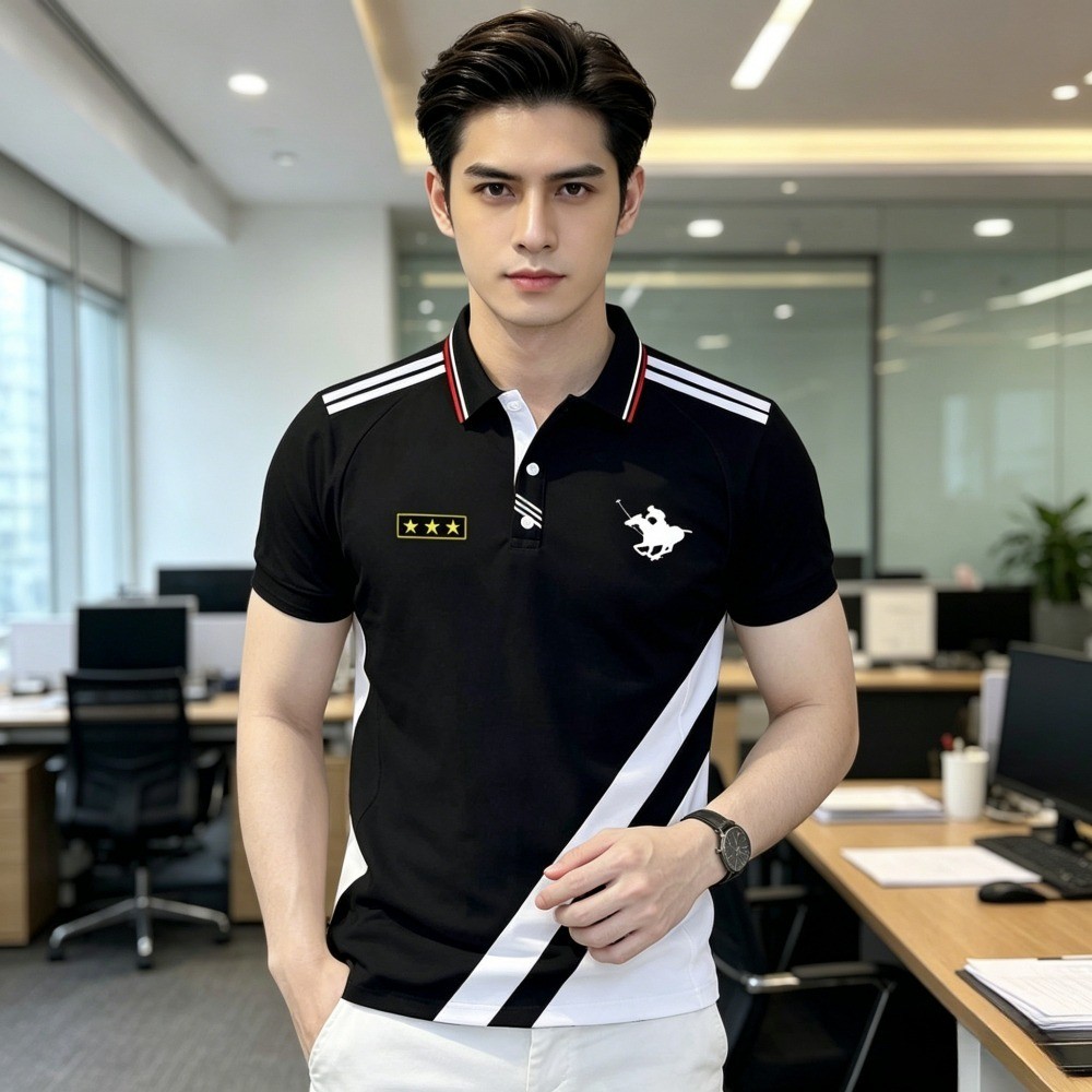 เสื้อโปโลแขนสั้นพิมพ์ลายเรขาคณิต บางเบา สบายๆ ใส่เล่นกอล์ฟหรือลำลองในหน้าร้อน