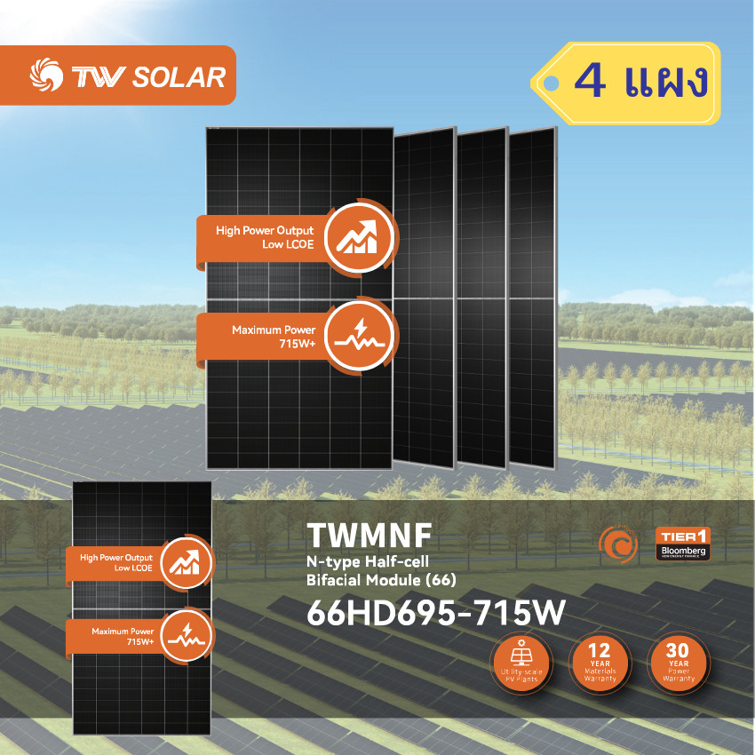 TW Solar แผงโซลาร์เซลล์ 715W N-Type (4 แผง) รับแสงสองด้าน รุ่น 66HD695-715W