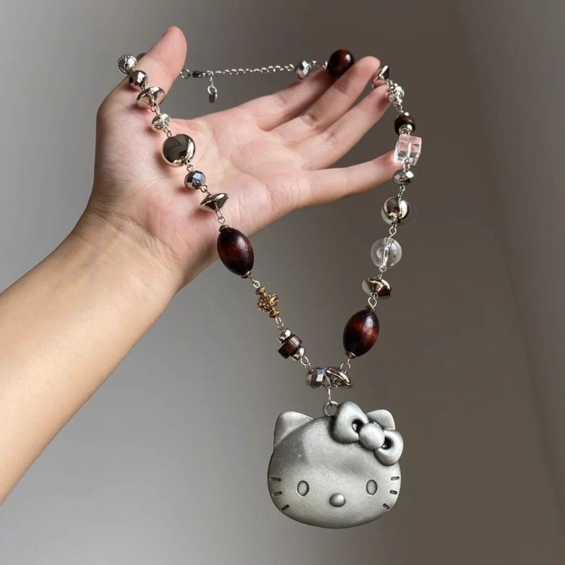 Distressed Kitty Cat จี้สร้อยคอน่ารัก Sweet Cool Y2K การ์ตูน Vintage Niche Collarbone Chain อุปกรณ์เ