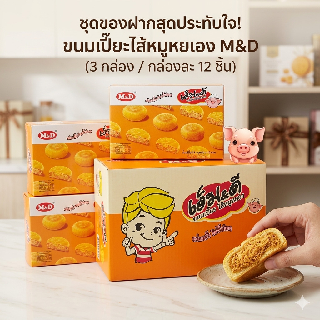 (3กล่อง) ขนมเปี๊ยะไส้หมูหยอง ยี่ห้อ M&D ขนมกินเล่น ของฝาก 12ชิ้น/กล่อง (DCD066-3)