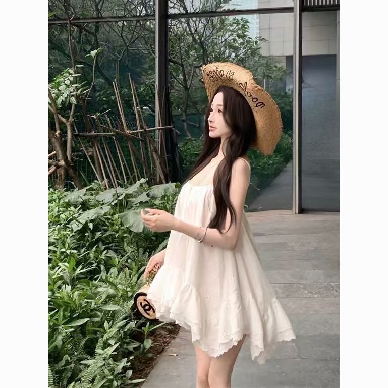 กระโปรงสลิงสีขาวสไตล์หวาน สําหรับชายหาด วันหยุด ฤดูร้อน ดีไซน์หลวม ใส่สบาย