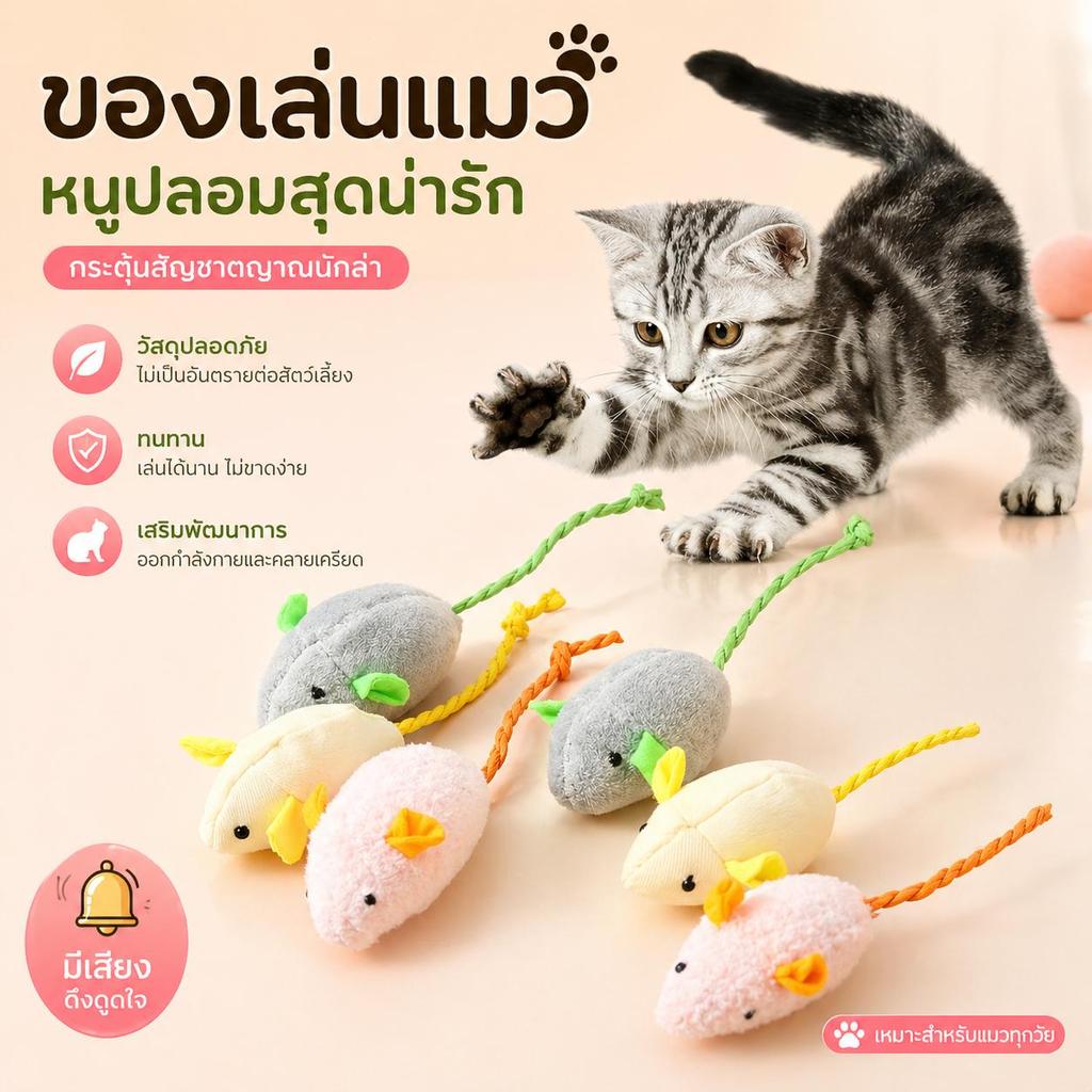 ของเล่นแมว ของเล่นสัตว์เลี้ยง หนูปลอมนุ่มนิ่ม ตุ๊กตาของเล่นสำหรับแมว ช่วยลดความเครียด กัดเล่นได้ ไม่ทำลายฟัน