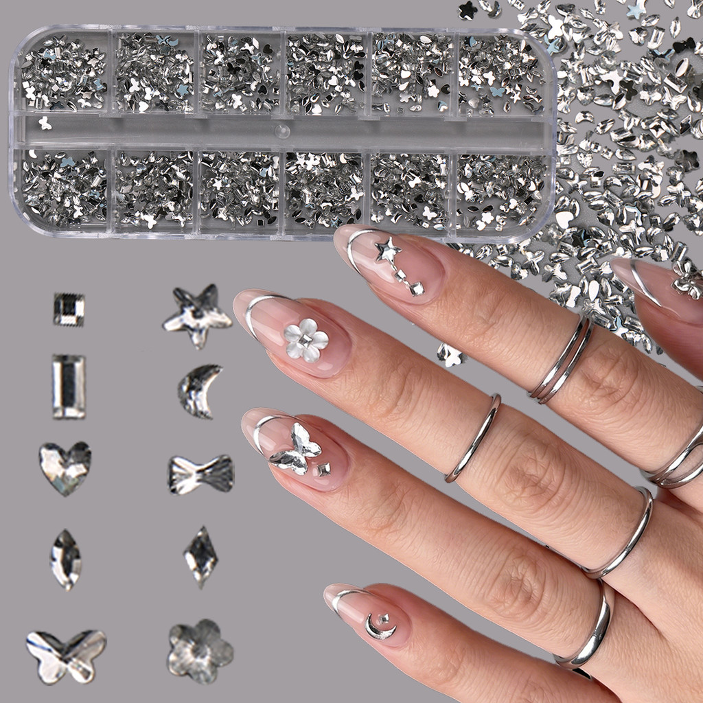 HAMA 12 GridsBox 3D ตกแต่งเล็บผสมรูปร่างเงินหลายสีผีเสื้อ Heart Star โลหะ Studs อัญมณีอุปกรณ์แต่งเล็บเครื่องมือ