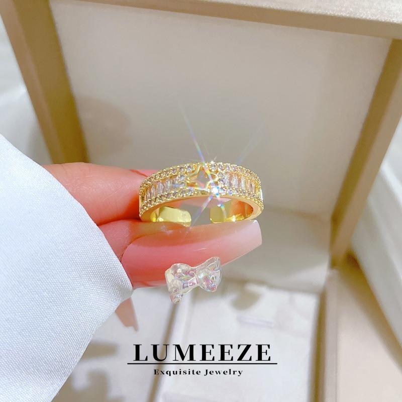 LUMEZE สแตนเลส Four Leaf Clover แหวนผู้หญิง,ปรับเปิด Band Full Cubic Zirconia Pave CZ เครื่องประดับ 