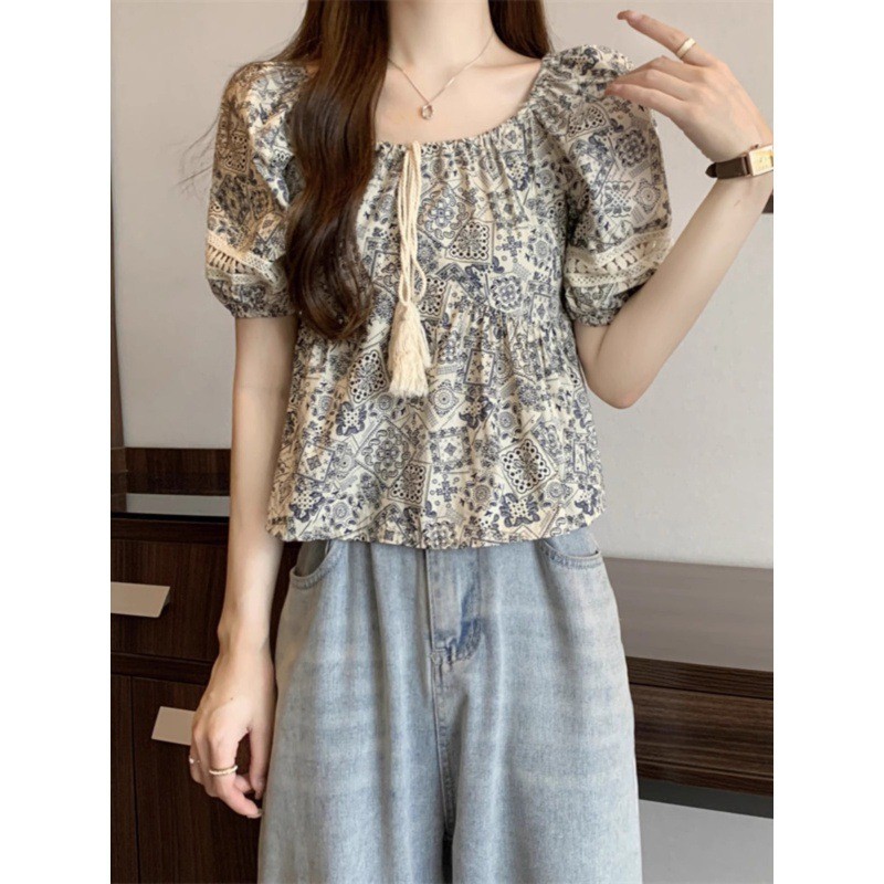 เสื้อเชิ้ต French Doll Style Short Sleeve Crop Niche Unique นุ่ม Premium