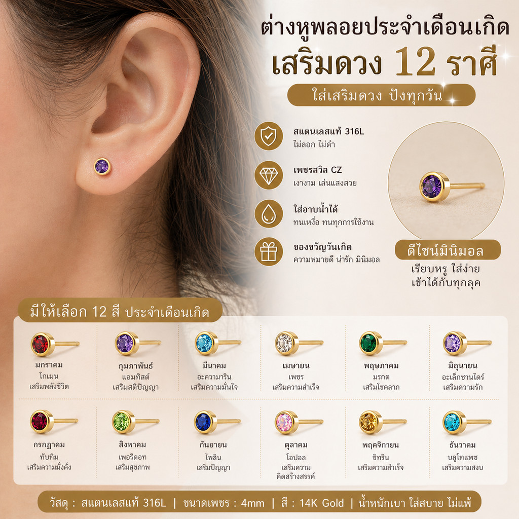 ต่างหูหินประจำเดือนเกิด 12 ราศี ของขวัญวันเกิด เสริมดวง ต่างหูมินิมอลเรียบหรู สแตนเลส 316L แท้ ไม่ลอกไม่ดำ ไม่ก่อภูมิแพ้ กันน้ำ ใส่อาบน้ำได้