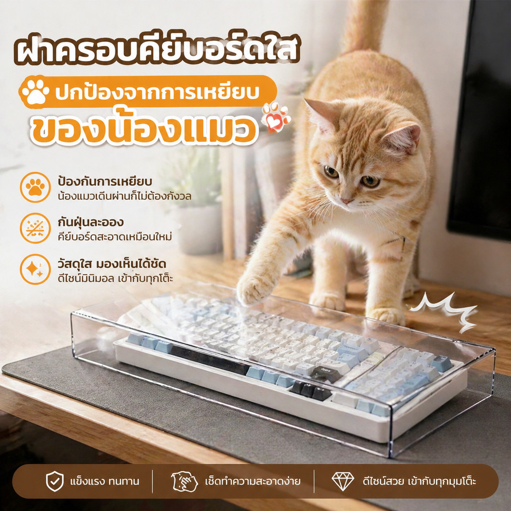 ฝาครอบคีย์บอร์ดกันฝุ่น อะคริลิค กันน้ำ ป้องกันไม่ให้แมวเหยียบย่ํา การสาดน้ําโดยไม่ได้ตั้งใจ ผู้เลี้ยงแมวต้องมี